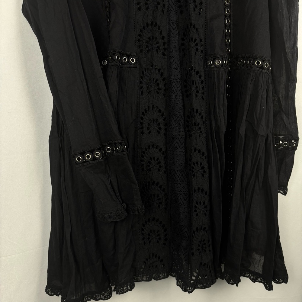 NWT Free People Women’s Black Eyelet Cutout Smock Neck Long Sleeve Dress, Medium - Picture 9 of 13